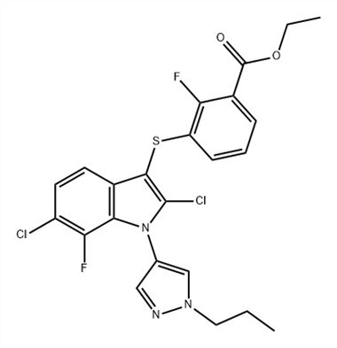 Benzoëzuur, 3-[[2,6-dichloor-7-fluor-1-(1-propyl-1H-pyrazol-4-yl )-1H-indool-3-yl]thio]-2-fluor-, ethylester (ACI) CAS-nr.: 1782070-79-4