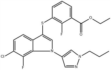 Benzoëzuur, 3-[[6-chloor-7-fluor-1-(1-propyl-1H-pyrazol-4-yl){ {8}}H-indool-3-yl]thio]-2-fluor-, ethylester (ACI) CAS-nr.: 1782070-73-8